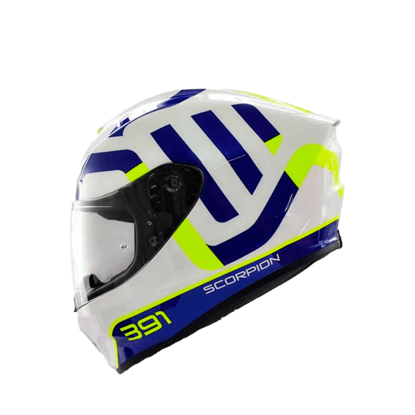 CASCO SCORPION EXO-391 AROK BLANCO AZUL NEON