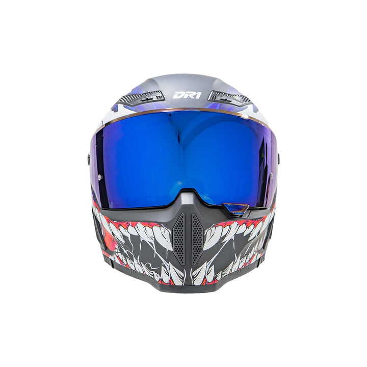 CASCO INT DR1 K666 DESTRUCTO NEGRO MATE AZUL GRIS VISOR IRIDIUM PURPURA