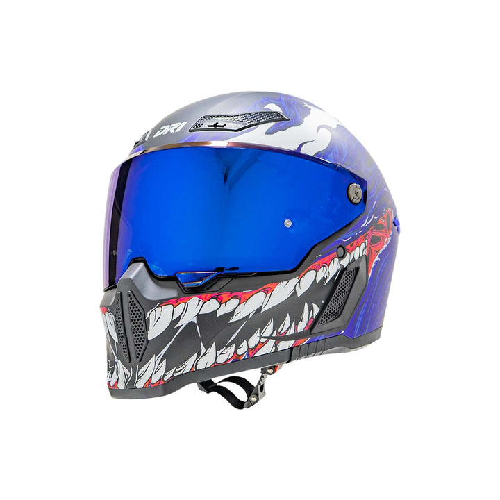 CASCO INT DR1 K666 DESTRUCTO NEGRO MATE AZUL GRIS VISOR IRIDIUM PURPURA