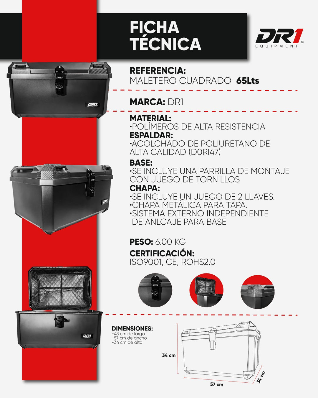 MALETERO CUADRADO DR1 EVO TIPO METALICO 65 LT BLACK