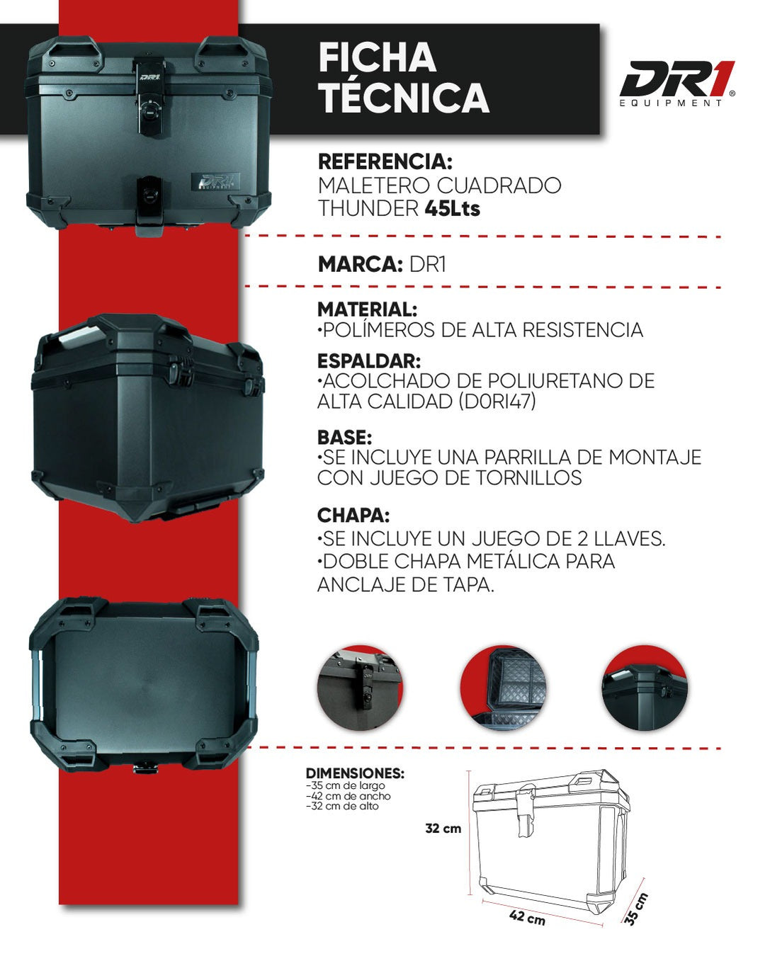MALETERO CUADRADO DR1 THUNDER DOBLE CHAPA 45 LT POLIPROPILENO BASE ALUMINIO