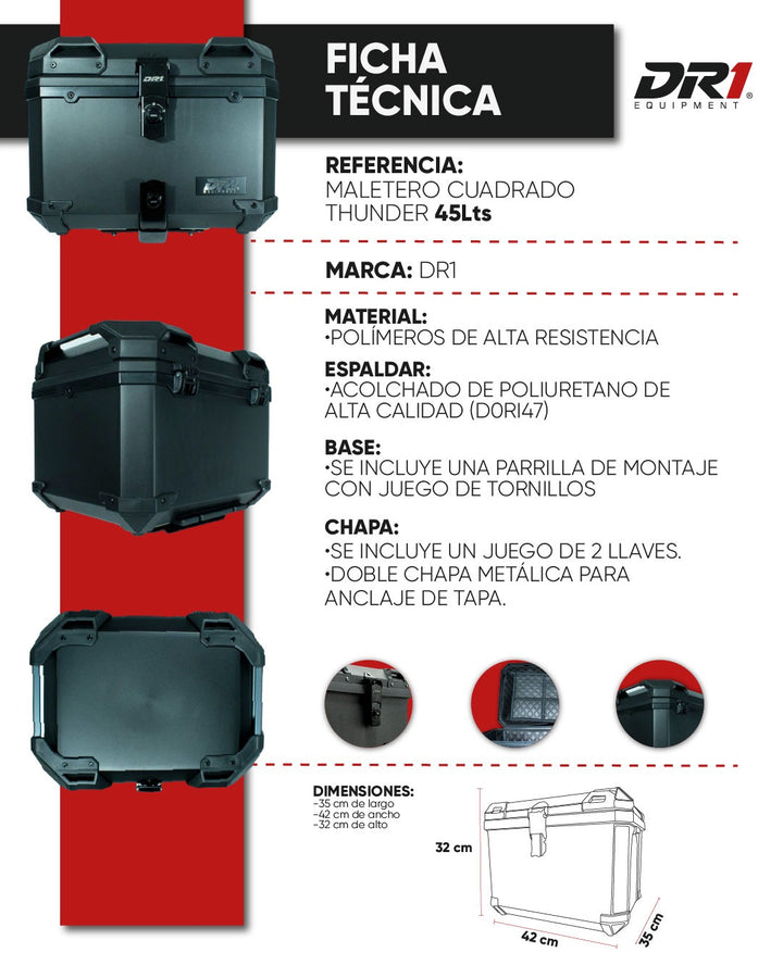 MALETERO CUADRADO DR1 THUNDER DOBLE CHAPA 45 LT POLIPROPILENO BASE ALUMINIO