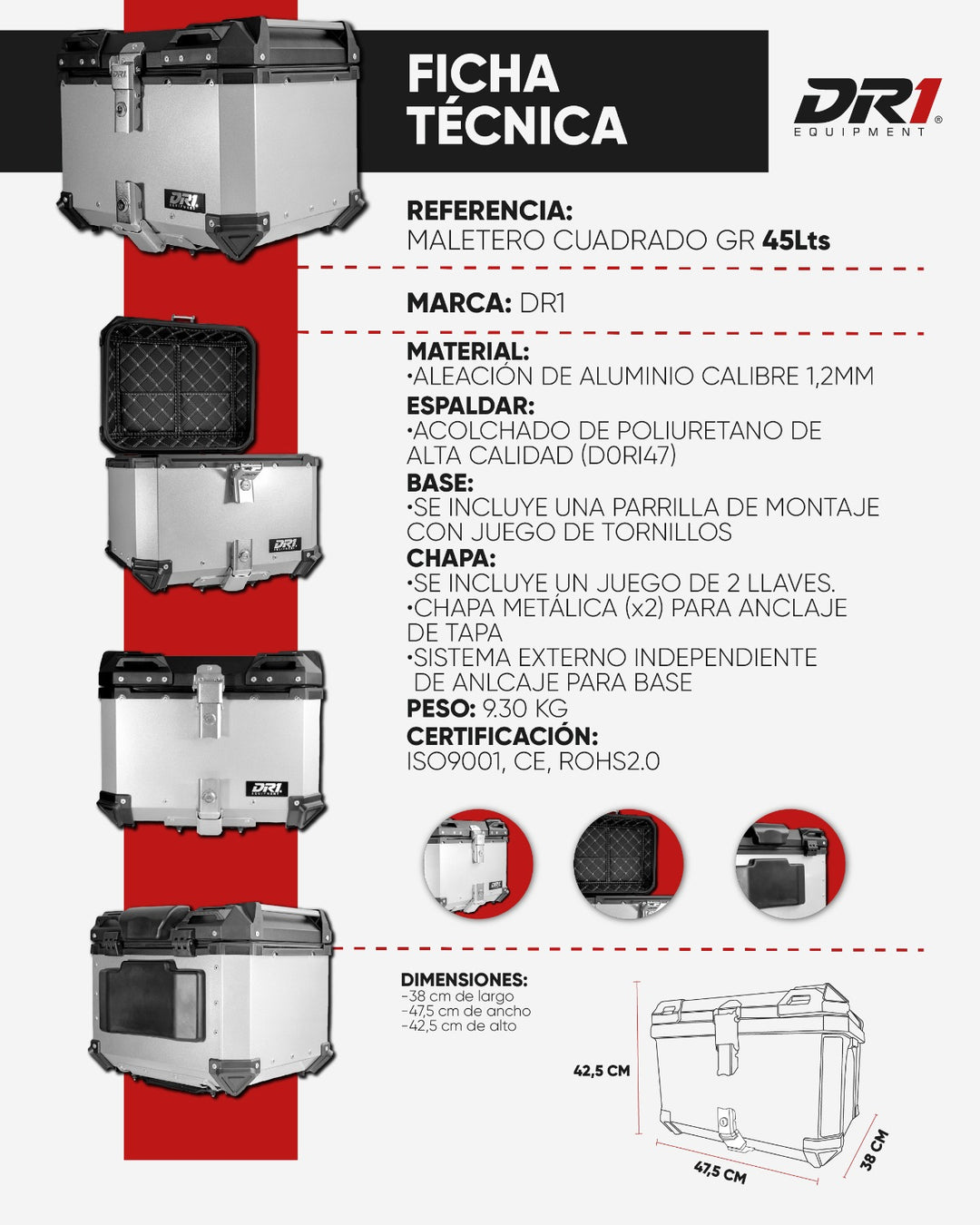 MALETERO CUADRADO DR1 ALU PRO ALUMINIO 45 LT GRIS